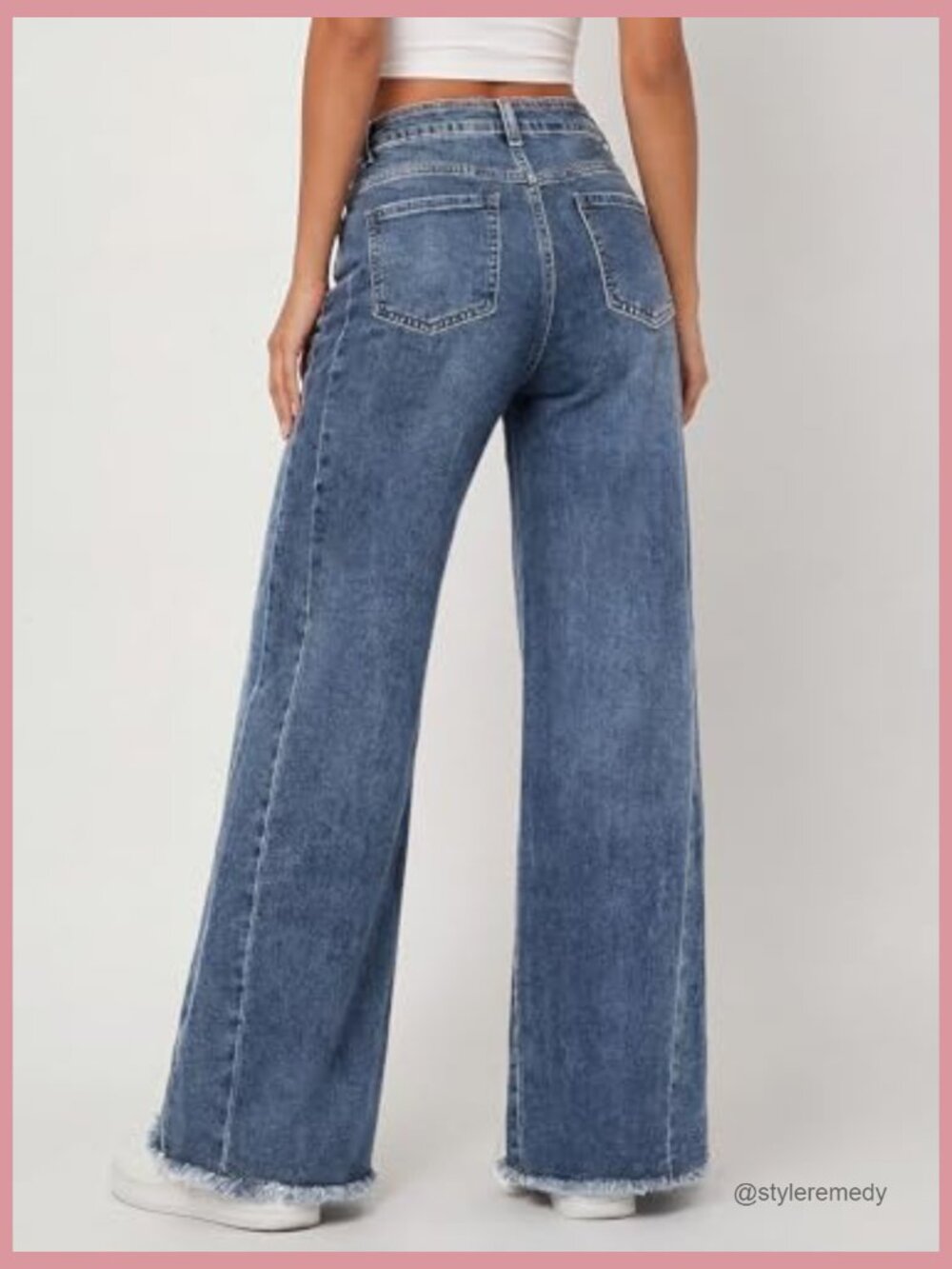 Wide Leg Jeans with Raw Hem, Mid Rise, Stretchable Cotton Blend Denim - Picture 4 of 7